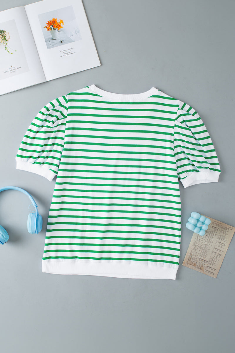 Green Stripe Puff Sleeve Elegant T-shirt