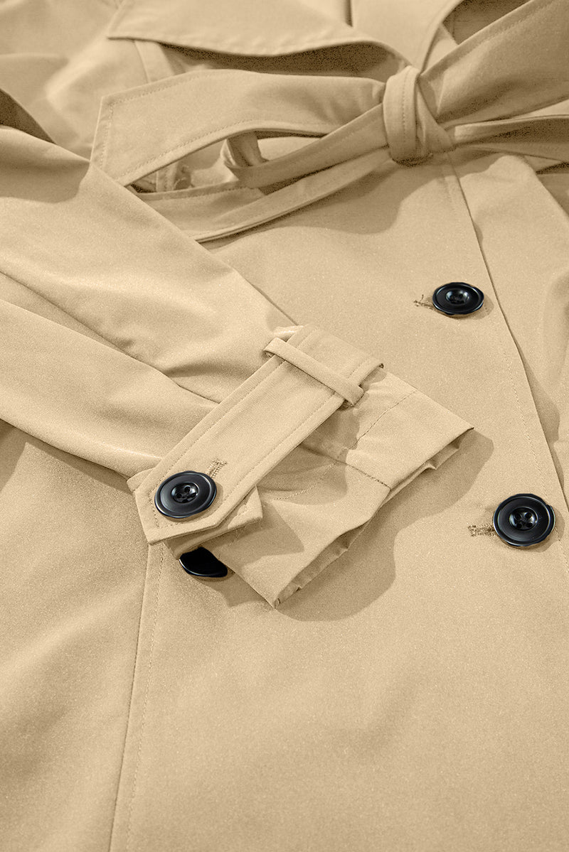 Pale Khaki Solid Color Lapel Collar Waist Tie Wind Coat