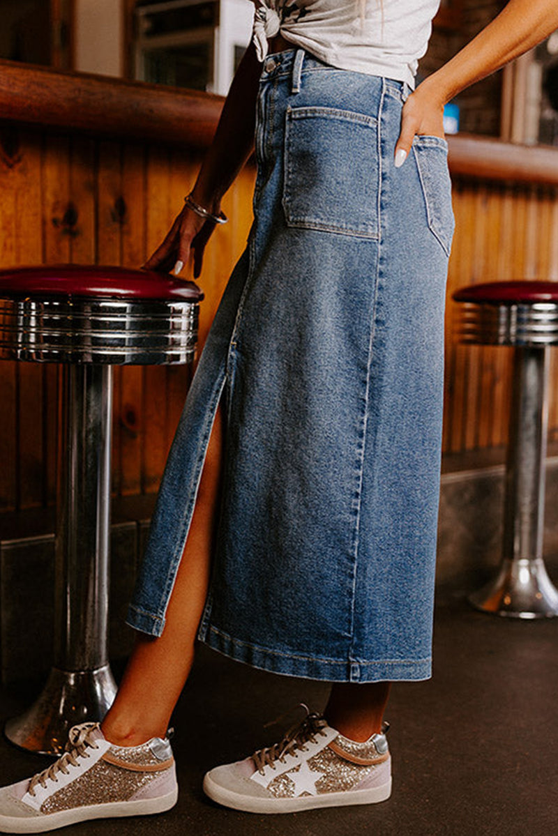 Sky Blue 4 Patch Pockets Front Slit Midi Denim Skirt