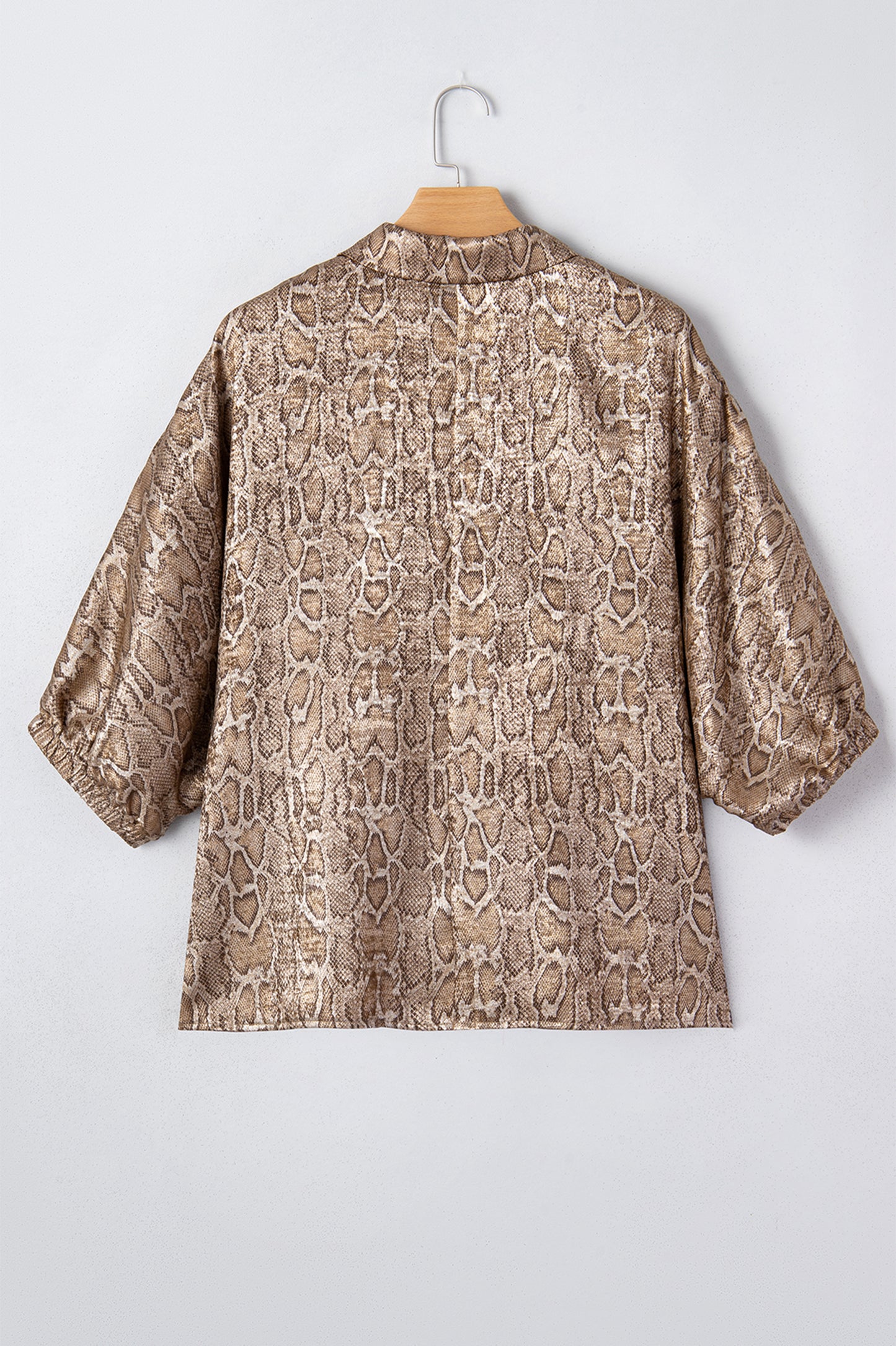 Brown Polo Collared V Neck Short Sleeve Metallic Leopard Blouse