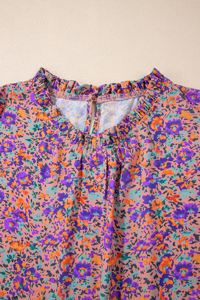 Purple Floral Allover Print Shirred Cuff Frilled O Neck Blouse