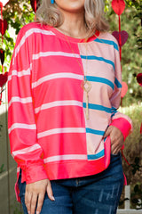 Rose Stripe Color Block Crewneck Long Sleeve Plus Size T Shirt