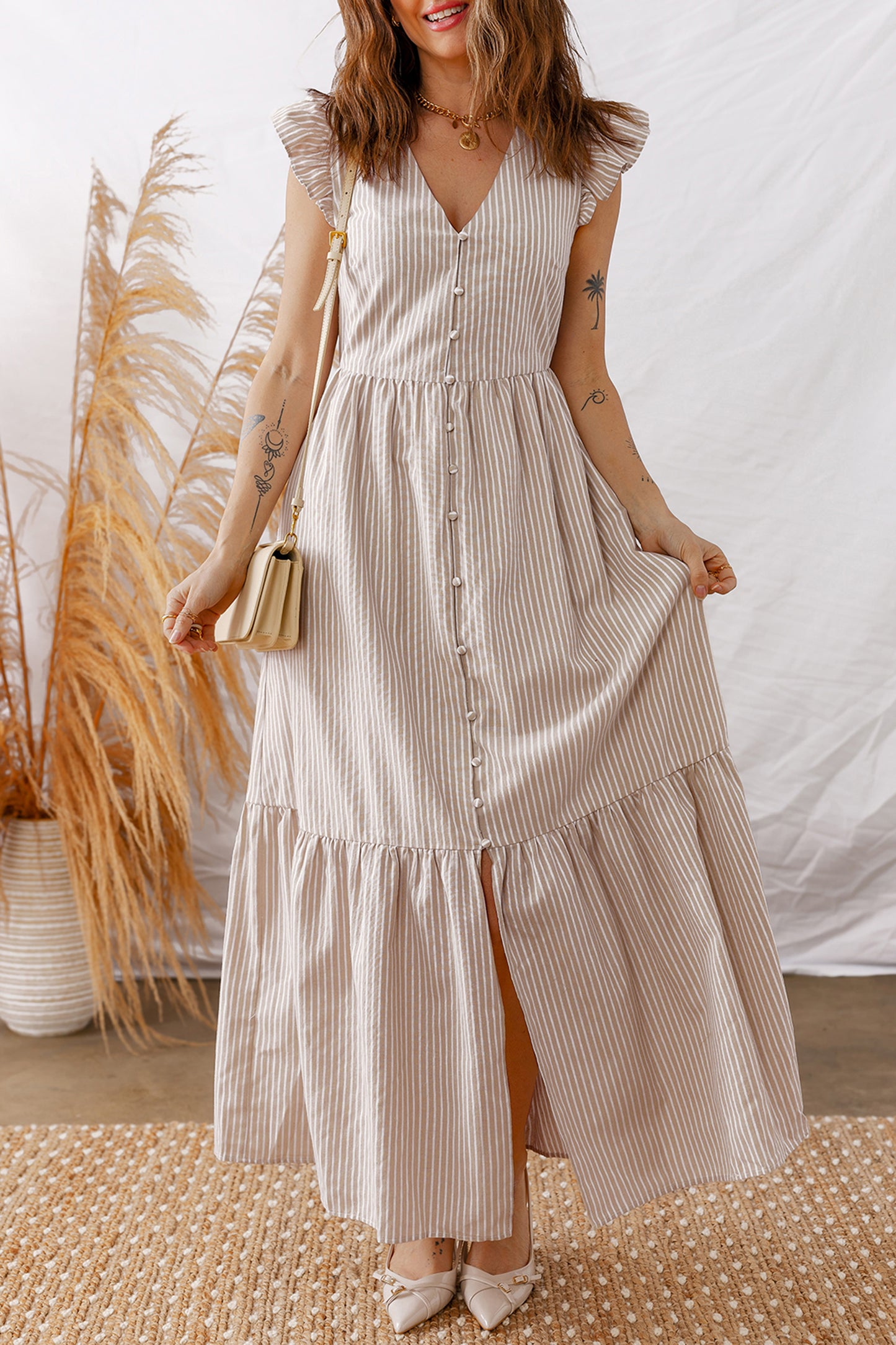 Khaki Stripe Flutter Sleeve Buttoned Front Slit Maxi Dress