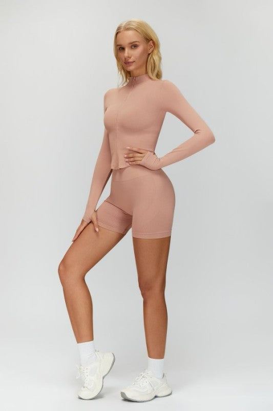 Collar Zipper Long Sleeve Jacket and Shorts Set
