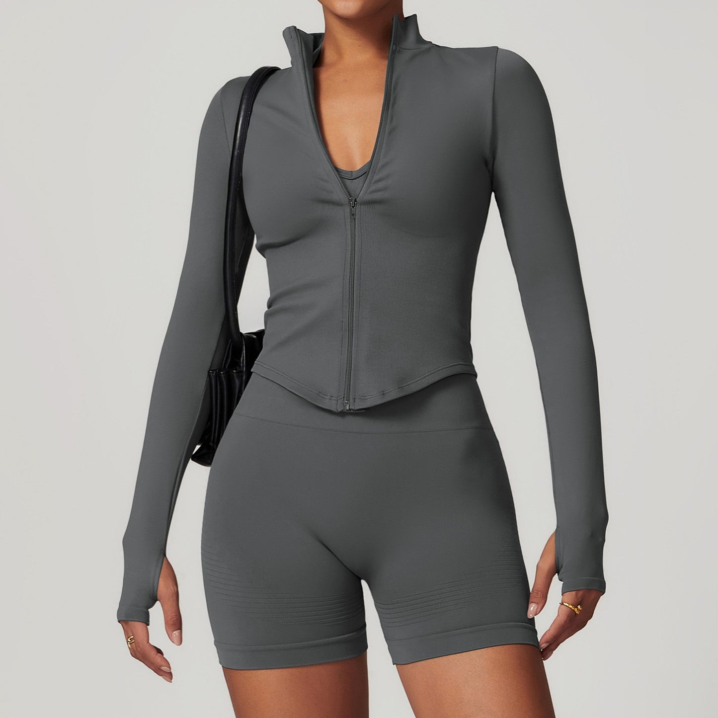 Collar Zipper Long Sleeve Jacket and Shorts Set