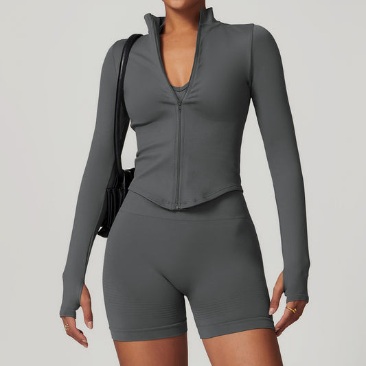 Collar Zipper Long Sleeve Jacket and Shorts Set