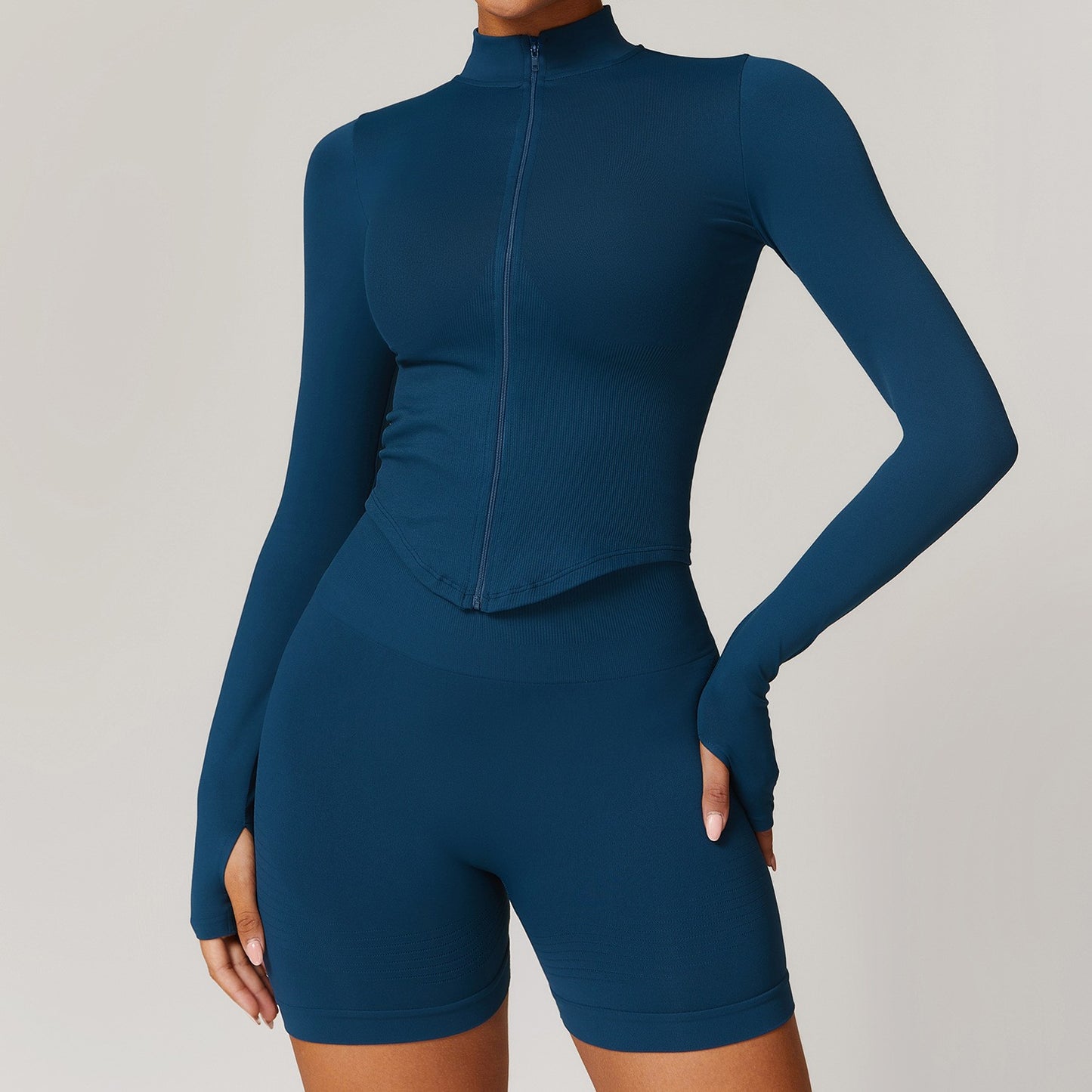 Collar Zipper Long Sleeve Jacket and Shorts Set