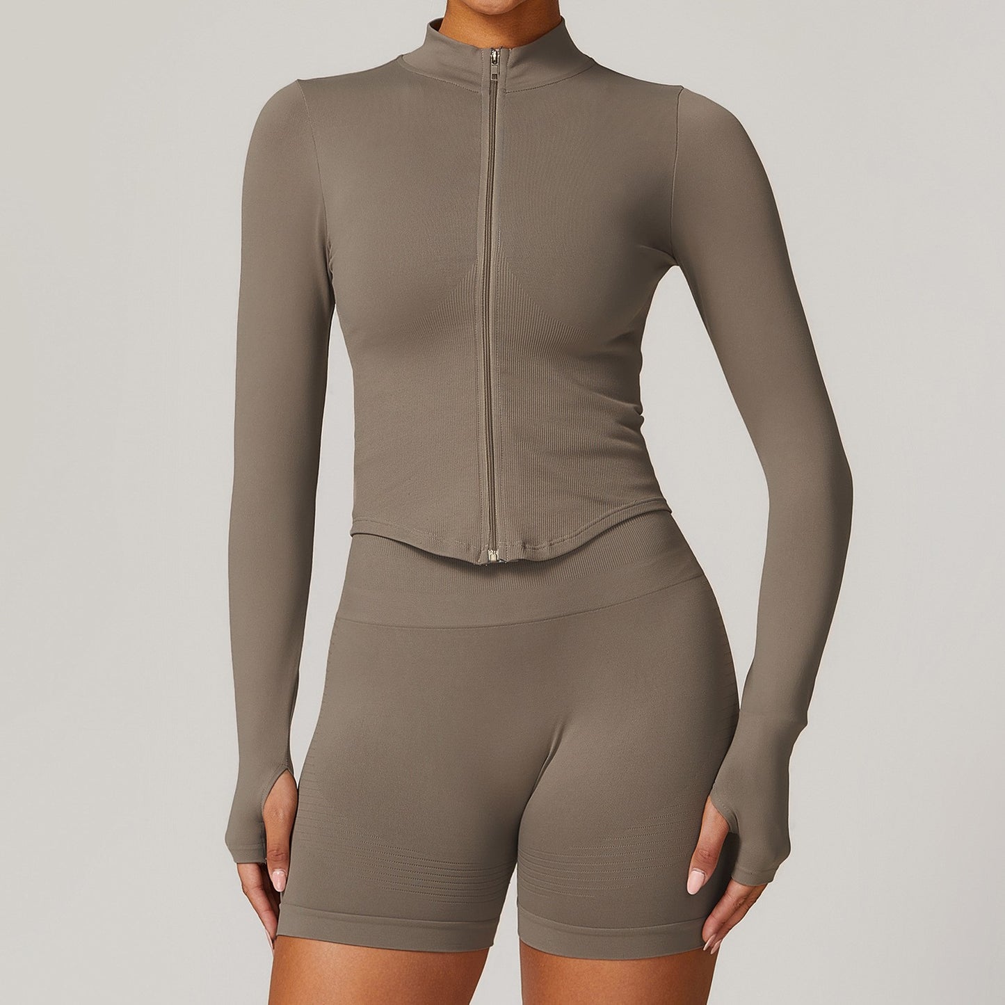 Collar Zipper Long Sleeve Jacket and Shorts Set