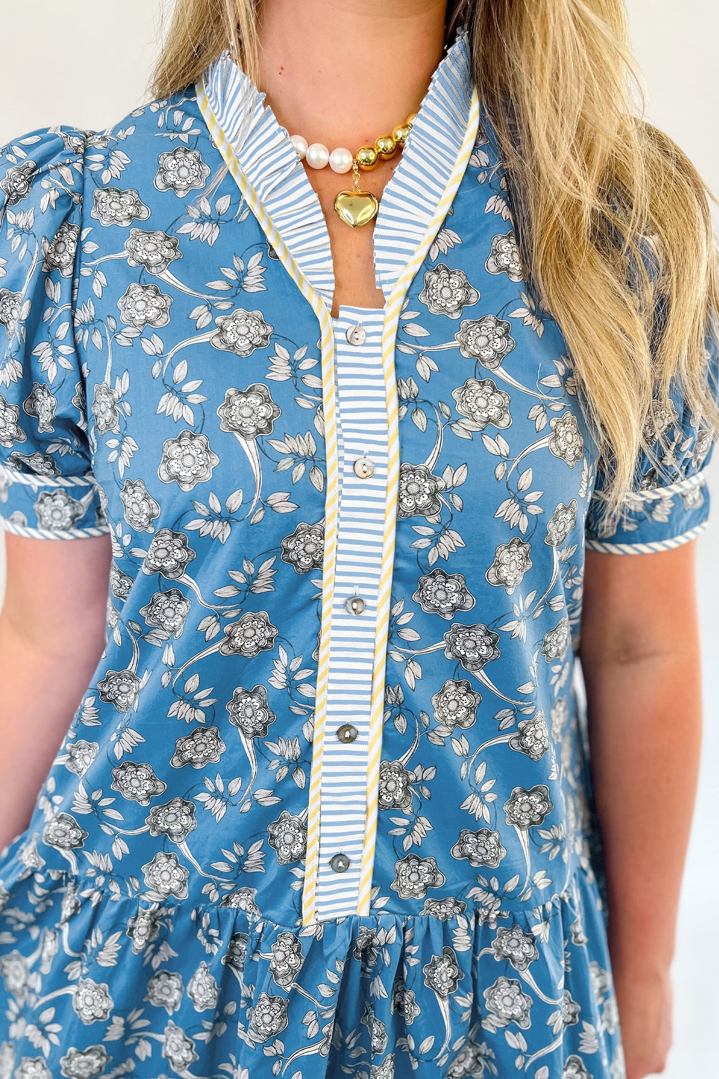 Blue Plus Size Floral Print Striped Patchwork Detail Button Front Ruffle Hem Dress