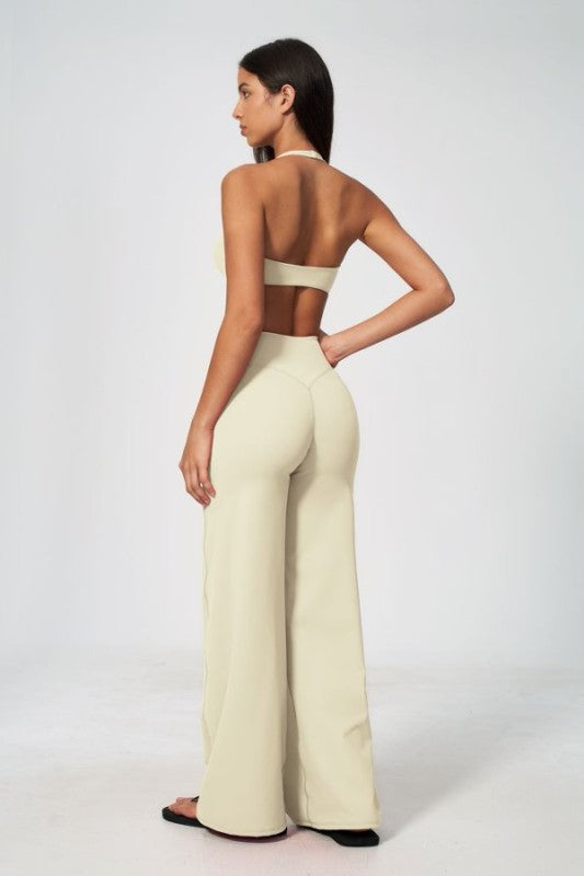 Halter Neck V Neck Crop Top & Wide Leg Pants Set