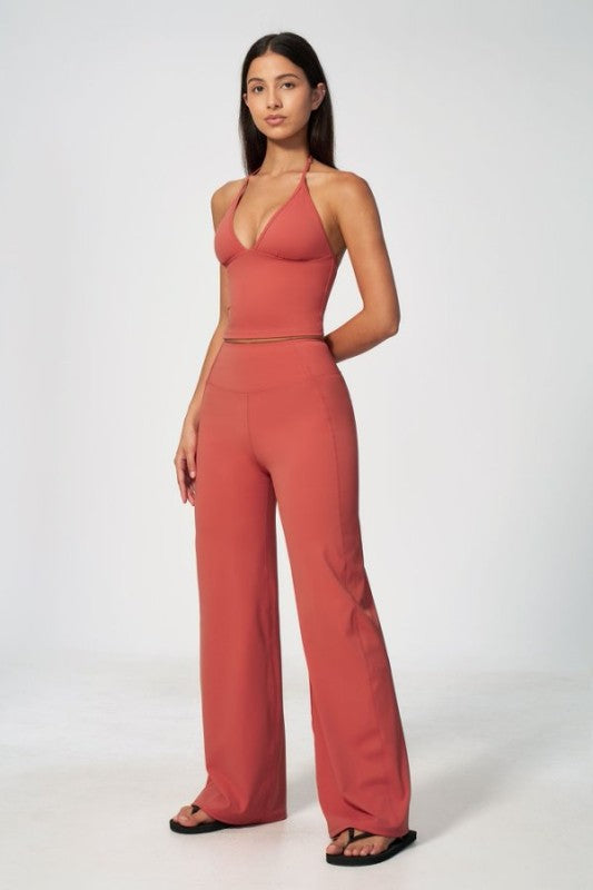 Halter Neck V Neck Crop Top & Wide Leg Pants Set