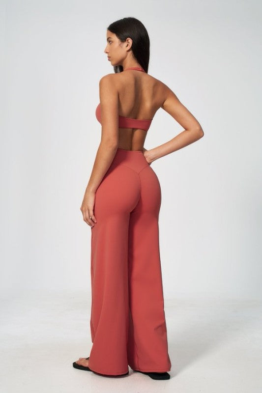 Halter Neck V Neck Crop Top & Wide Leg Pants Set