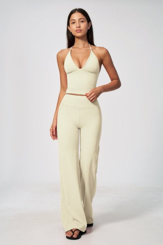 Halter Neck V Neck Crop Top & Wide Leg Pants Set