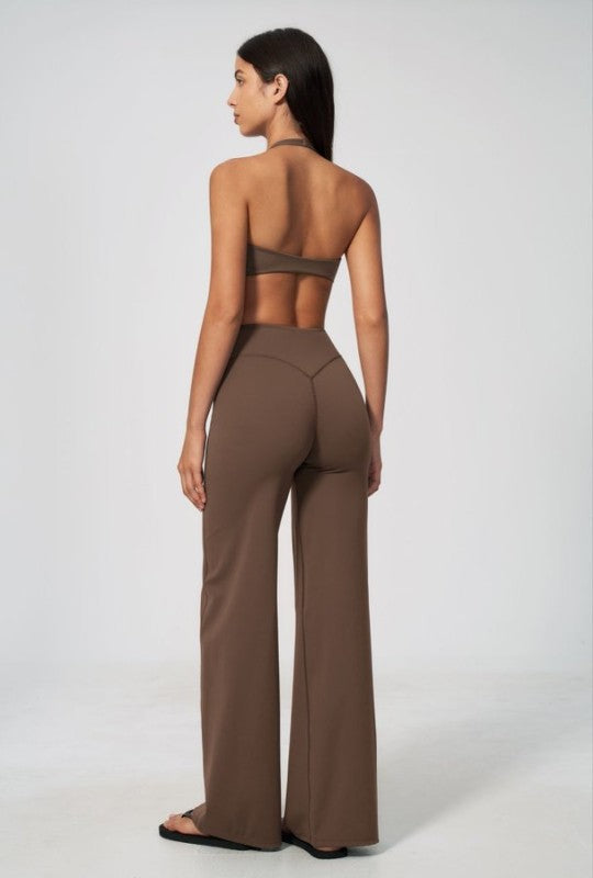 Halter Neck V Neck Crop Top & Wide Leg Pants Set