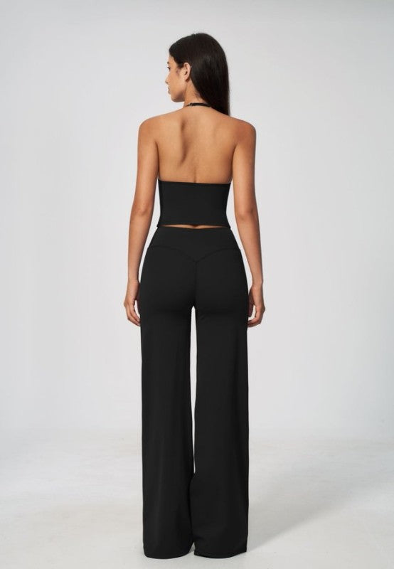 Halter Neck V Neck Crop Top & Wide Leg Pants Set