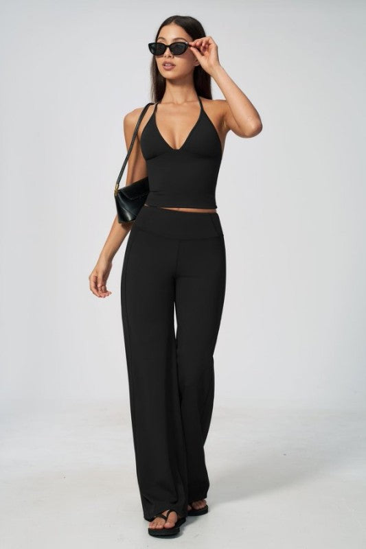 Halter Neck V Neck Crop Top & Wide Leg Pants Set