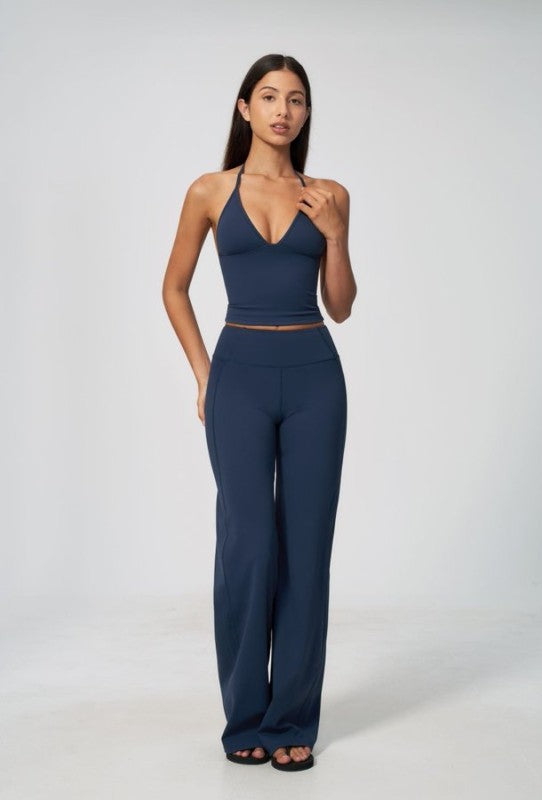 Halter Neck V Neck Crop Top & Wide Leg Pants Set