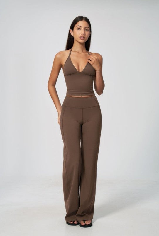 Halter Neck V Neck Crop Top & Wide Leg Pants Set