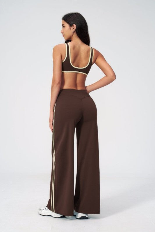 Piped V Neck Sporty Bra & Wide Leg Palazzo Pants Set