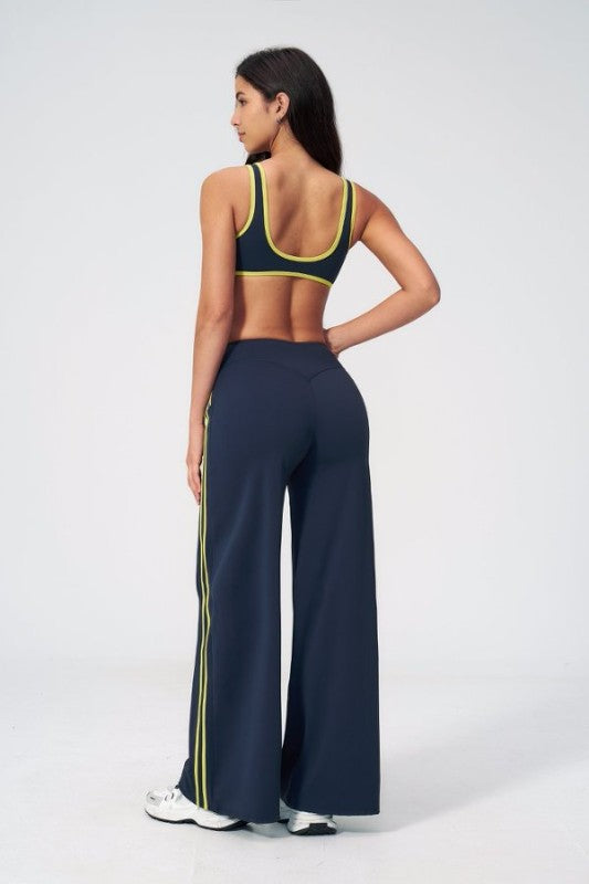 Piped V Neck Sporty Bra & Wide Leg Palazzo Pants Set