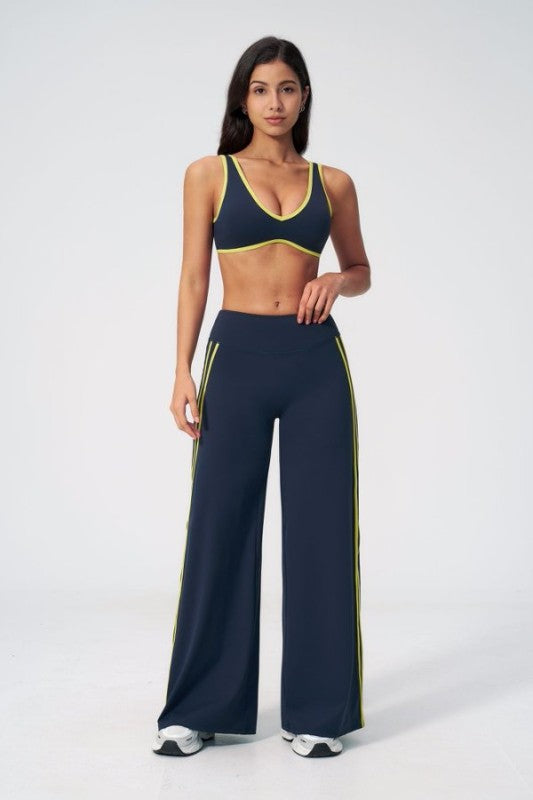 Piped V Neck Sporty Bra & Wide Leg Palazzo Pants Set