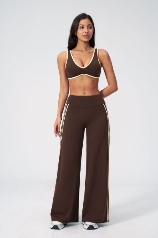 Piped V Neck Sporty Bra & Wide Leg Palazzo Pants Set