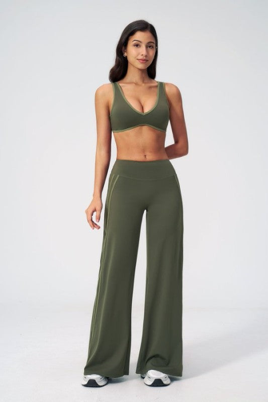 Piped V Neck Sporty Bra & Wide Leg Palazzo Pants Set