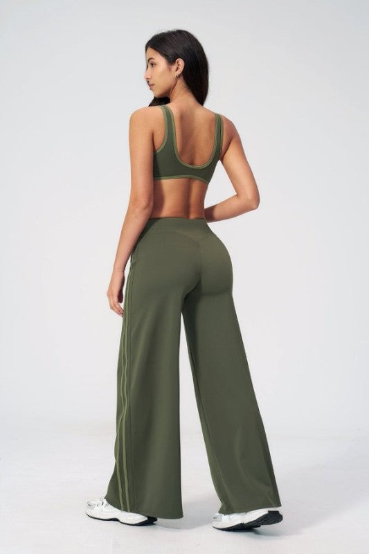 Piped V Neck Sporty Bra & Wide Leg Palazzo Pants Set
