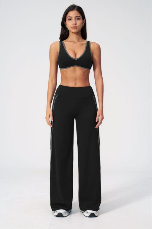 Piped V Neck Sporty Bra & Wide Leg Palazzo Pants Set
