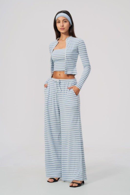 Open Front Cropped Cardigan & Tank with Wide Leg Pants Set