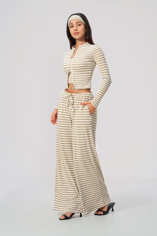 Open Front Cropped Cardigan & Tank with Wide Leg Pants Set