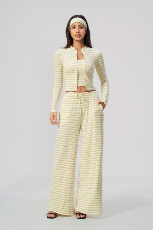 Open Front Cropped Cardigan & Tank with Wide Leg Pants Set