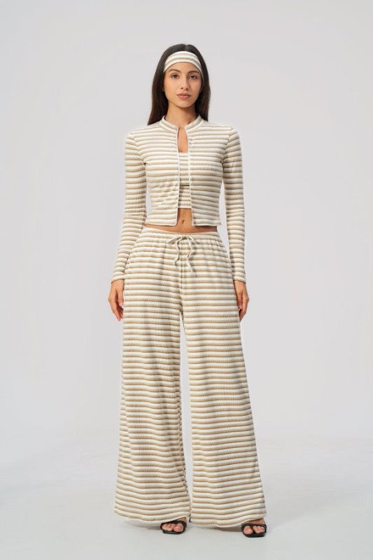 Open Front Cropped Cardigan & Tank with Wide Leg Pants Set
