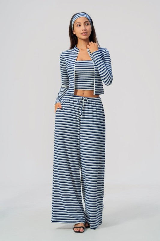 Open Front Cropped Cardigan & Tank with Wide Leg Pants Set