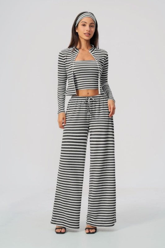 Open Front Cropped Cardigan & Tank with Wide Leg Pants Set