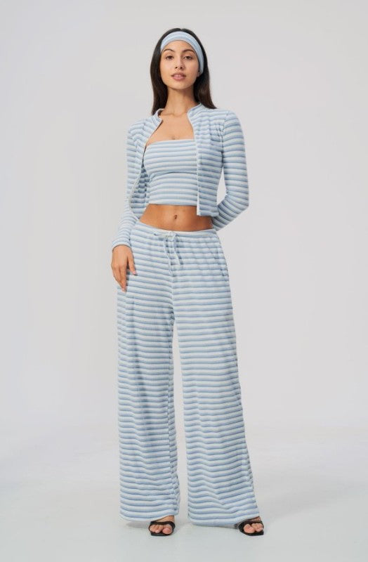 Open Front Cropped Cardigan & Tank with Wide Leg Pants Set