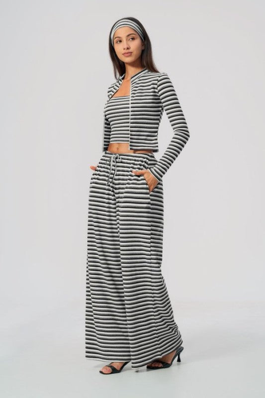 Open Front Cropped Cardigan & Tank with Wide Leg Pants Set