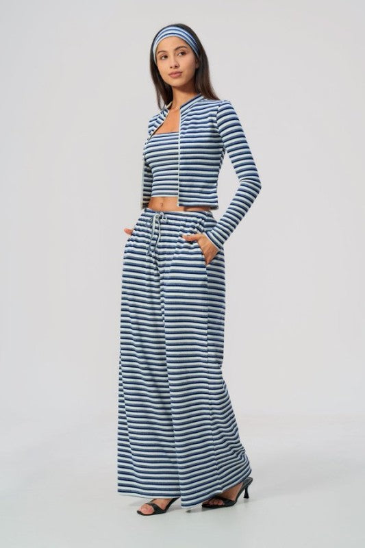 Open Front Cropped Cardigan & Tank with Wide Leg Pants Set