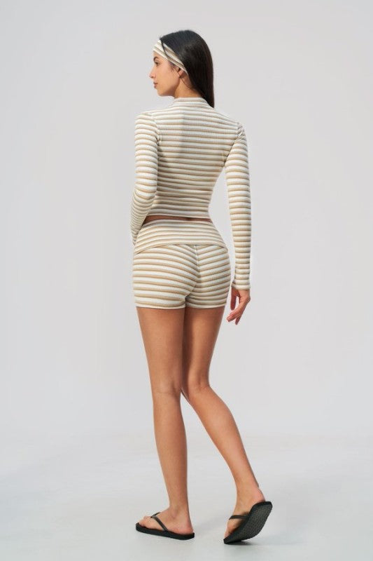 Zip Up Long Sleeve Top & High Waist Shorts Set