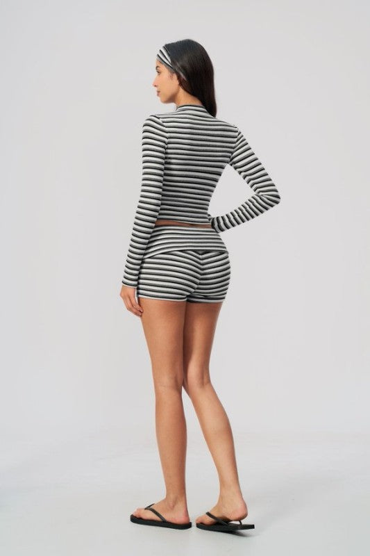 Zip Up Long Sleeve Top & High Waist Shorts Set