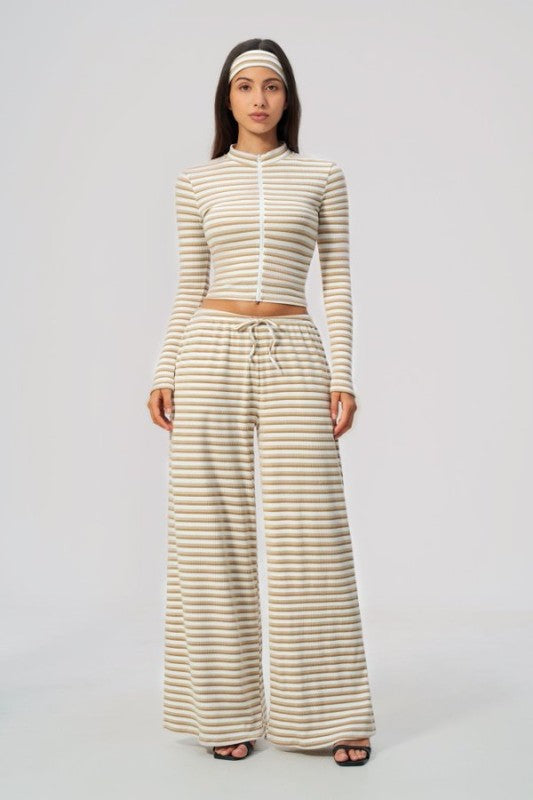 High Neck Zip Up Cropped Top & Wide Leg Pants Set