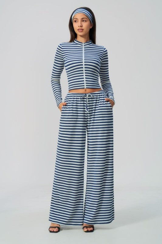 High Neck Zip Up Cropped Top & Wide Leg Pants Set