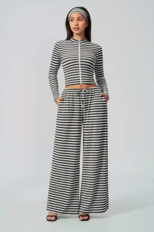High Neck Zip Up Cropped Top & Wide Leg Pants Set