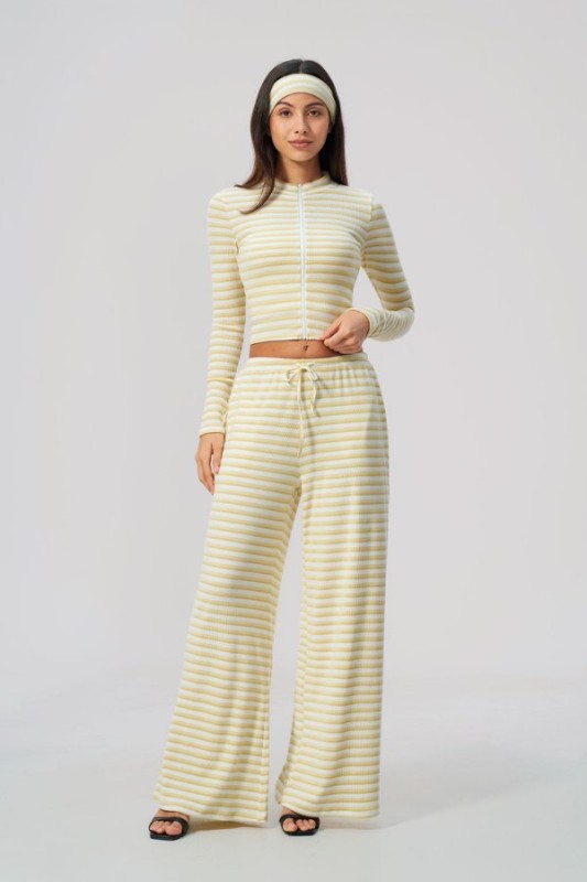 High Neck Zip Up Cropped Top & Wide Leg Pants Set