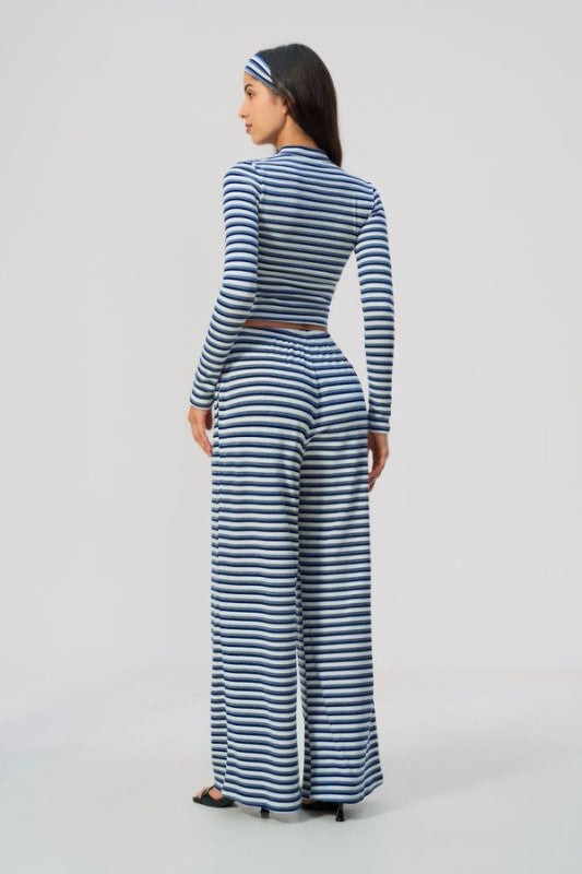 High Neck Zip Up Cropped Top & Wide Leg Pants Set