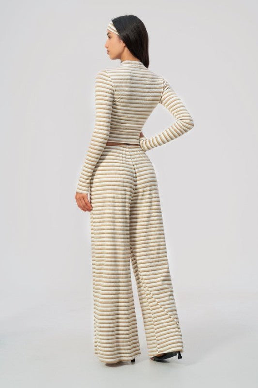 High Neck Zip Up Cropped Top & Wide Leg Pants Set