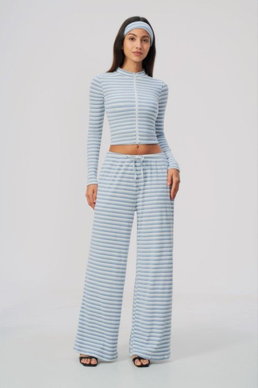 High Neck Zip Up Cropped Top & Wide Leg Pants Set
