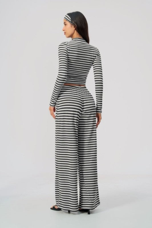 High Neck Zip Up Cropped Top & Wide Leg Pants Set