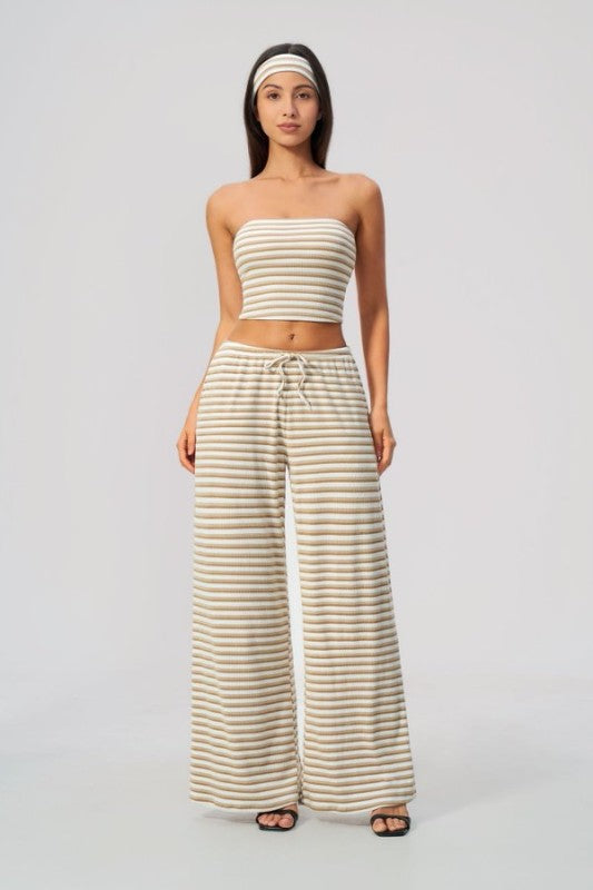 Rib Knit Bandeau Top & Wide Leg Pants Set