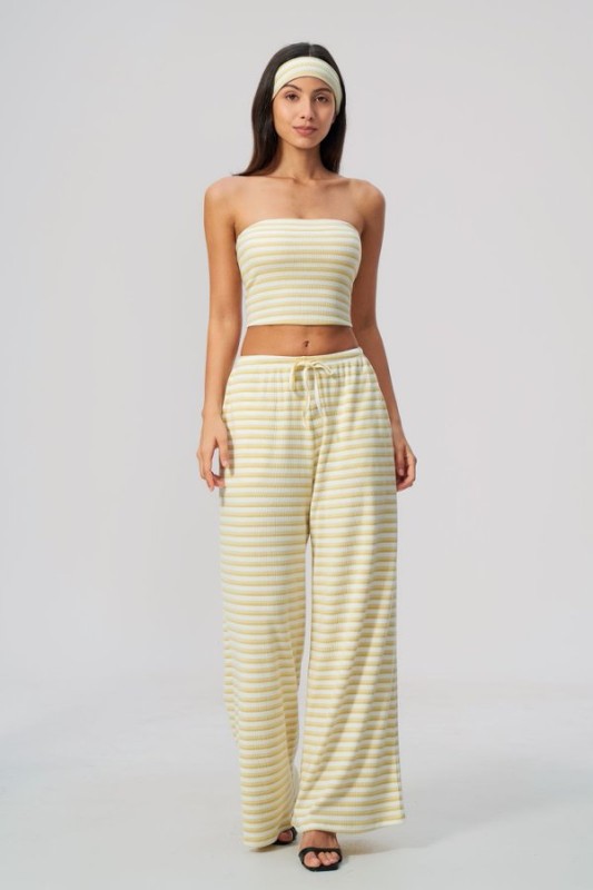 Rib Knit Bandeau Top & Wide Leg Pants Set